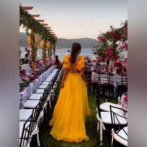 Mac Duggal Ruffle Tiered Cut-Out Chiffon Gown in Sunshine Yellow